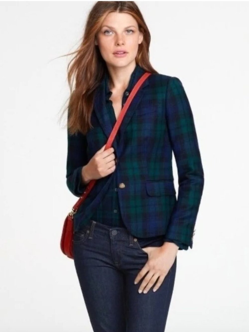 J Crew Schoolboy Blazer- Tartan w/ Leather Patch Elbows